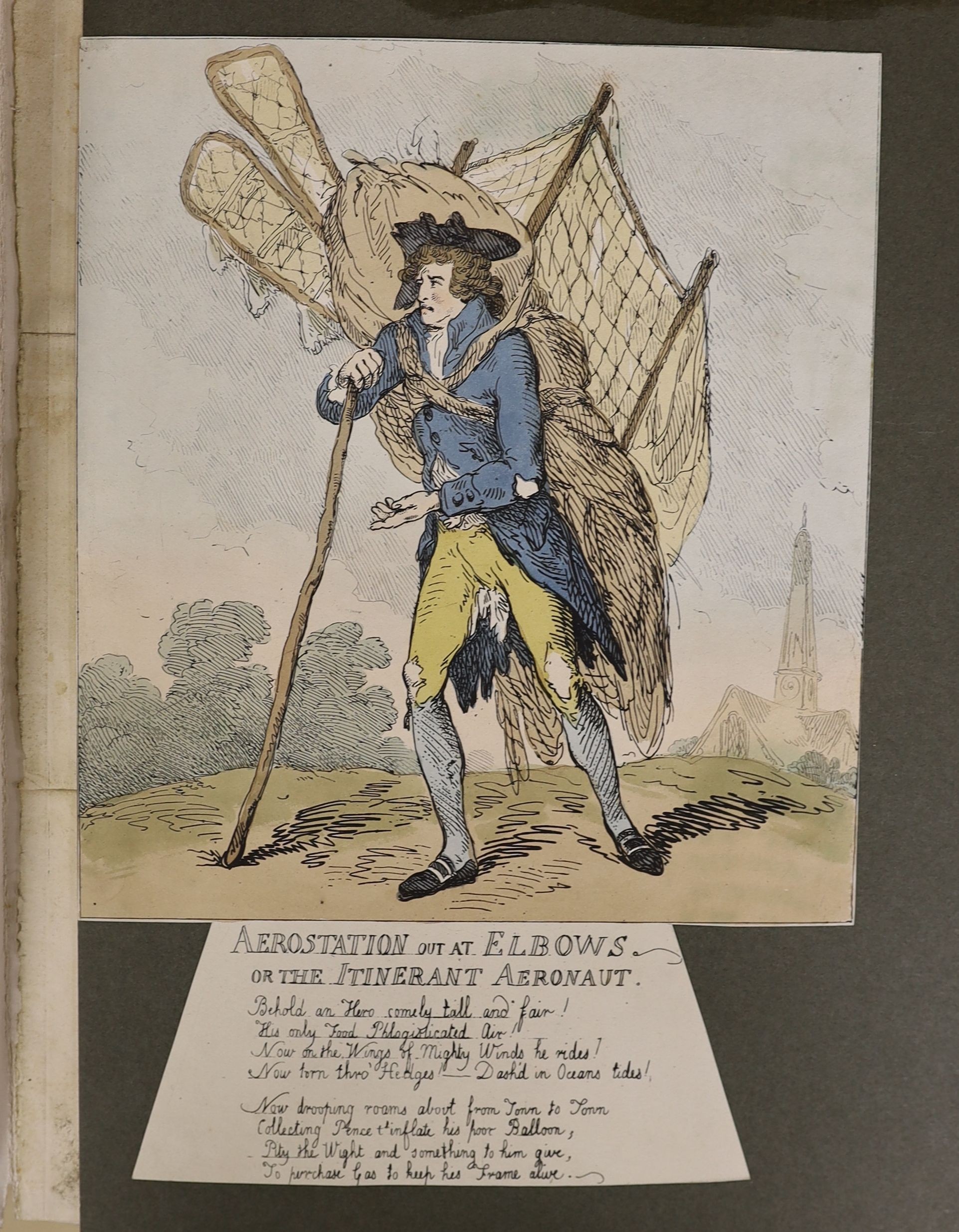 Charles Williams (fl.1797-1830), coloured engraving, 'National Pursuits, Town Talk', 1812, 31 x 48cm. & Thomas Rowlandson, coloured etching, 'Aerostation out at Elbows or the Itinerant Aeronaut', 1785, 31 x 21cm.